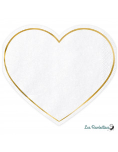 20 Petites Serviettes Coeur Blanc Liseré Or