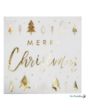 16 Serviettes Merry Christmas Blanc et Or