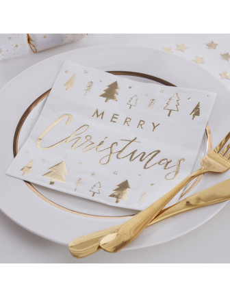 16 Serviettes Merry Christmas Blanc et Or Déco Table Noel