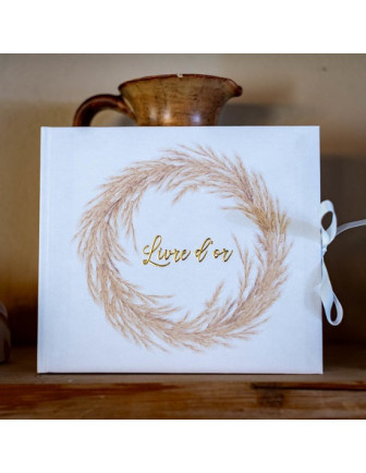 Livre d'Or Blanc Ecriture Dorée Imprimé Fleurs Séchées