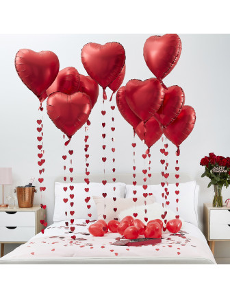 Kit 15 Ballons Coeurs Rouges, Guirlandes & Confettis