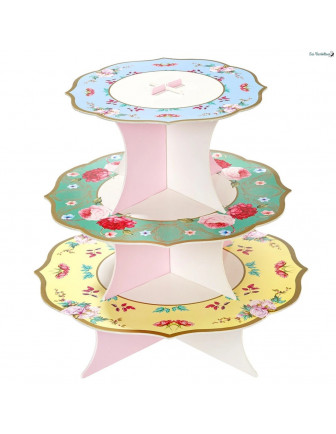 Présentoir Gateaux 3 Etages Réversible Imprimé Fleurs Déco Gateau