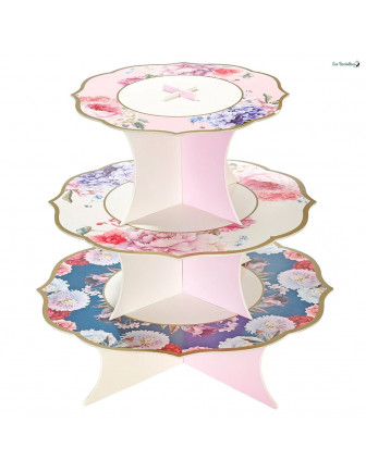 Présentoir Gateaux 3 Etages Réversible Imprimé Fleurs Déco Gateau Fleurie