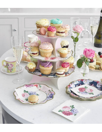 Présentoir Gateaux 3 Etages Réversible Imprimé Fleurs Déco Fête