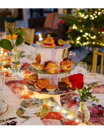 Présentoir Gateaux 3 Etages Réversible Imprimé Fleurs Déco Table Fleurs