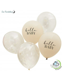 5 Ballons Hello Baby Beige Confettis Nuages