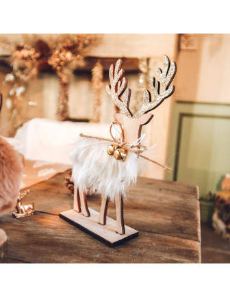 cerf-en-bois-fourrure-blanche-grelot-or-decoration-noel-table