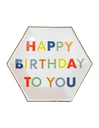 8 petites assiettes octogonales "Happy Birthday" tons pastels et fluos