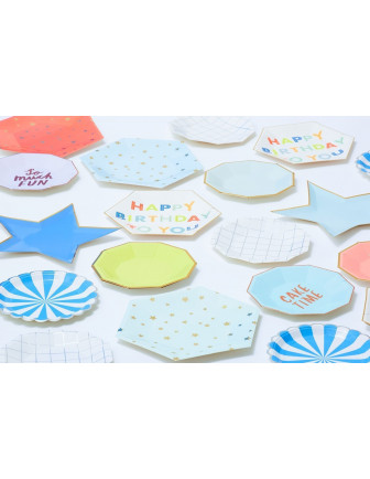 8 petites assiettes octogonales "Happy Birthday" tons pastels et fluos