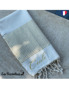 fouta-de-plage-personnalisee-ecru-rayures-dorees-fouta-serviette-de-plage