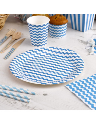 8 assiettes en carton fond blanc vague bleu turquoise