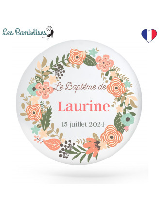 Stickers Baptême Fleurs Pêche Personnalisé