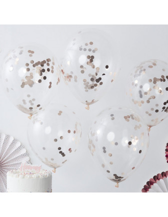 5 ballons transparents avec confettis rose gold à l'intérieur