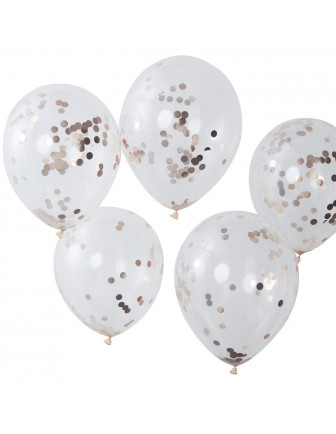 5 ballons transparents avec confettis rose gold à l'intérieur