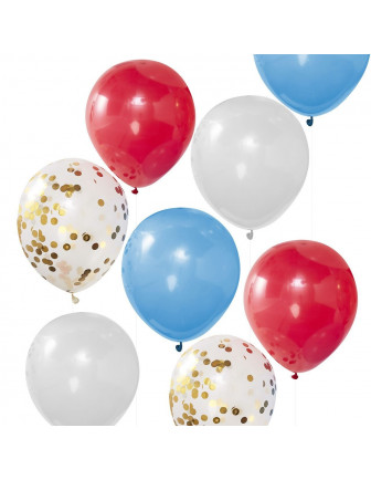 8 ballons bleus rouges blancs transparents confettis dorés