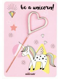 Petite Carte Licorne Rose avec bougie magique coeur argent