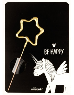 Petite Carte Licorne noire avec bougie magique étoile dorée