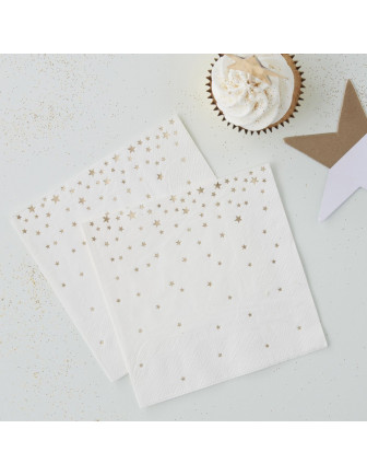 20 petites serviettes en papier fond blanc étoiles dorées