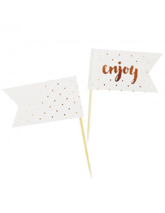 12 piques gateau écriture "enjoy" et pois rose gold