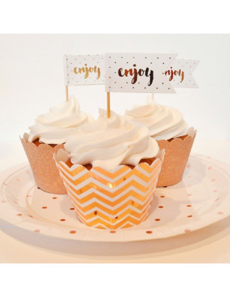  12 piques gateau écriture "enjoy" et pois rose gold