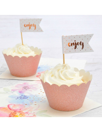  12 piques gateau écriture "enjoy" et pois rose gold