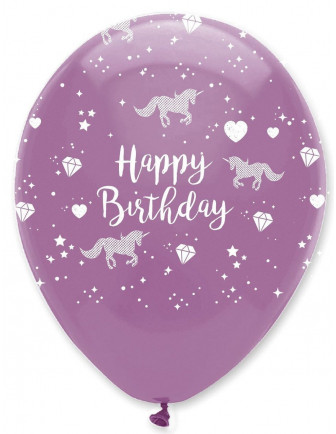  6 ballons en latex avec écriture Happy Birthday et dessins pour anniversaire Licorne