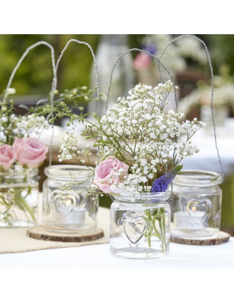 4 petits pots en verre avec fil de fer à suspendre