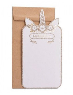 8 invitations licorne dorée et 8 enveloppes kraft