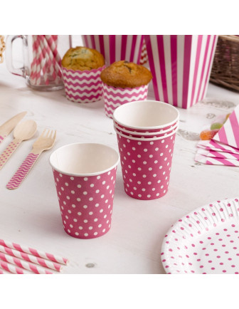 8 gobelets en carton fond rose bonbon pois blancs