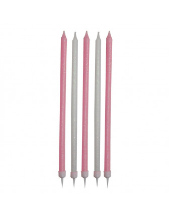 24 longues bougies roses et blanches avec paillettes