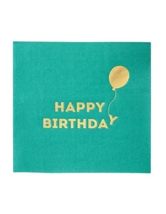 16 petites serviettes vertes écriture "Happy birthday" avec ballon doré