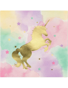 16 grandes Serviettes pastels avec licorne dorée brillante