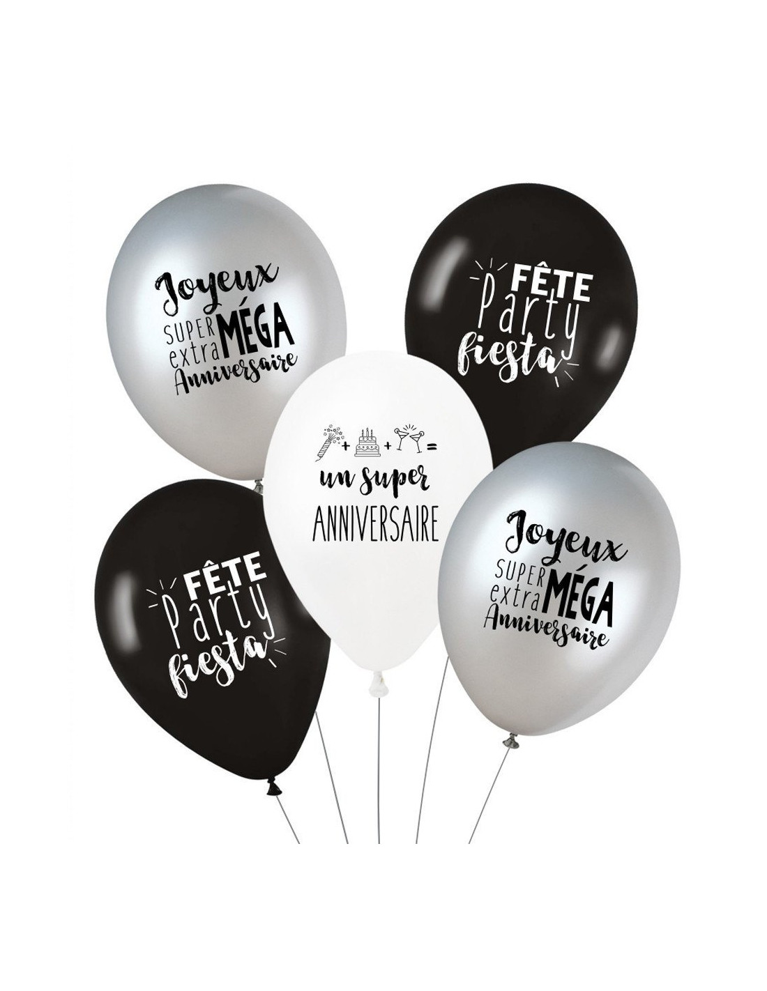 5 Ballons Joyeux Anniversaire Blanc Noir Argent Les Bambetises